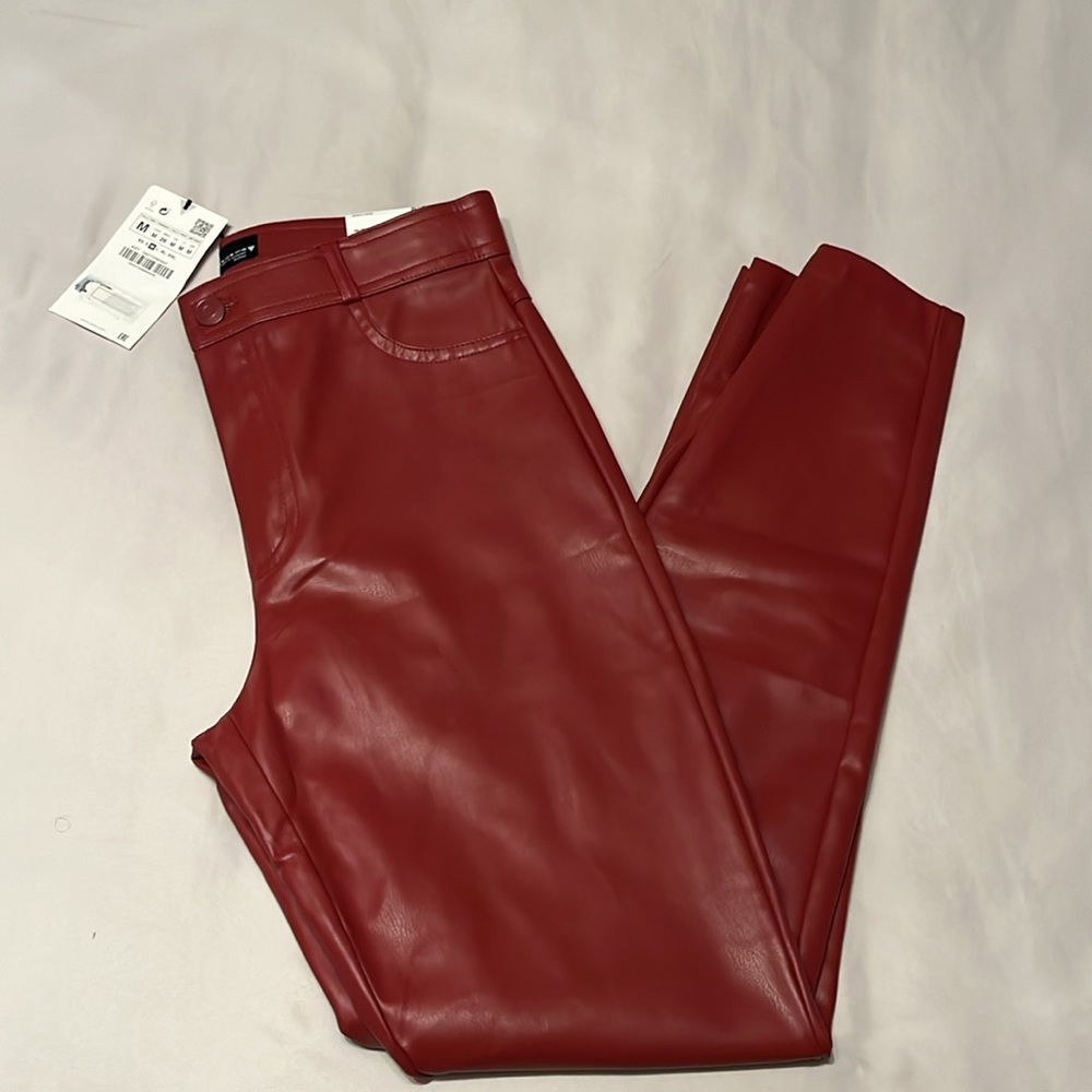 ZARA High Rise Faux Leather Leggings Pants Maroon Oxblood Red {3M11}